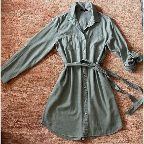 Velvet Heart Green Shirt Dress M Linen Blend Belted Button Front Long Sleeve - Picture 1 of 9